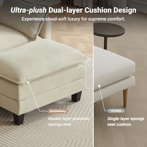Modular Sectional Sofa, 111.5" U-Shaped Corduroy Comfy Sectional Couches for Living Room, 3-Seater Cloud Couches with 2 Movable Ottomans, Flexible Combination Modern Deep Seat Sofa (Beige)