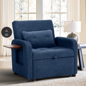 Convertible Sleeper Chair-Fabric Futon Sofa Bed, Single Sleeper Sofa, Small Couch Bed with USB Port, Foldable Table, Pillow, Adjustable Backrest for Dorm/Bedroom/College DarkBlue