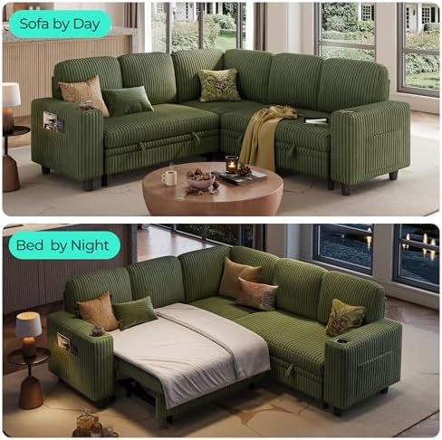 LINSY HOME Sectional Sleeper Sofa with Storage Chaise & USB Charging, Convertible Pull Out Couch Bed Plush Corduroy Modular Sectional Couches for Living Room Apartment (Green)