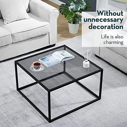 SAYGOER Glass Coffee Table, Small Modern Coffee Table Square Simple Center Tables for Living Room 26.7 x 26.7 x 17.7 Inches, Gray Black
