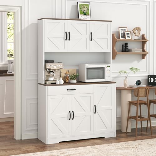 71" Pantry Cabinet with Charging Station, Large Capacity Kitchen Hutch Storage Cabinet, Kitchen Cabinet with Microwave Stand, Storage Drawers & Adjustable Shelves for Dining Room, White