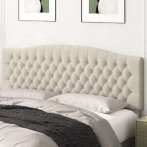 King Headboard Only, Upholstered Headboard King Size for Adjustable Bed Linen Tufted Wall Mounted Head Board with Solid Wood Legs, Ivory