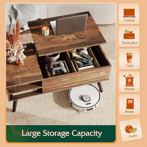 WLIVE Lift Top Coffee Table for Living Room,Small Coffee Table with Storage, Adjustable Shelf and Storage Compartment, Mid Century Modern Living Room Table, Wood, Rustic Brown