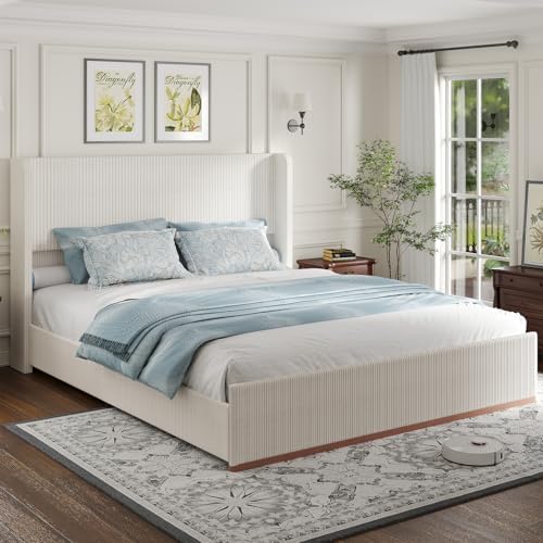 Queen Size Upholstered Bed Frame, Soft Corduroy Platform Bed with 47" Luxury Wingback Headboard, Solid Steel Slats Support, No Box Spring Needed, Noise Free, Easy Assembly, Cream