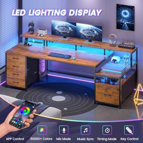 SEDETA Home Office Desk with File Drawer & Power Outlet, 75'' Large Computer Desk with 5 Drawer, Storage Shelves, Monitor Shelf and Led Lights, 23.6" W Desktop Gaming Desk, Rustic Brown