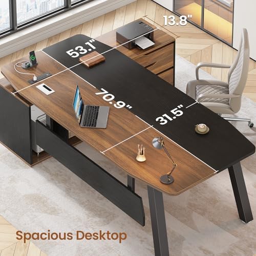 SEDETA 71" Executive Desk with File Cabinet, Large Office Desk with Drawers and Shelves, L Shaped Computer Desk with Power Outlets, Business Furniture Desk Workstation for Home Office, Walnut