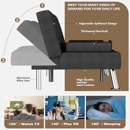 Homall Futon Sofa Bed, Futon Couch with Removable Armrests, Adjustable Recliner Sleeper Sofa Bed with Dual Cup Holders for Living Room, Apartment, Office (Fabric, Black)