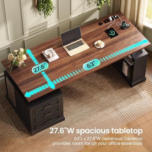 SEDETA Farmhouse Electric Standing Desk, 63" Height Adjustable Computer Desk with 3 Drawers, Storage Shelves, Power Outlets, Wood Home Office Stand up Desk for Work, Study, Writing, Black