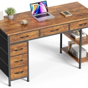 Huuger Computer Desk with 6 Drawers, Office Desk with Shelves, Reversible Gaming Desk, Corner Desk with Storage, Work for Home Office, Study, Living Room, 47inch, Rustic Brown