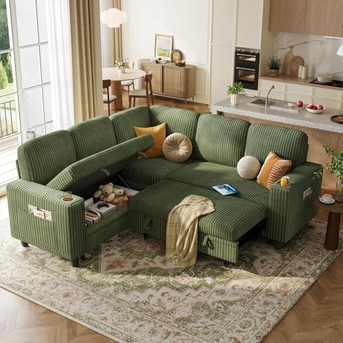 LINSY HOME Sectional Sleeper Sofa with Storage Chaise & USB Charging, Convertible Pull Out Couch Bed Plush Corduroy Modular Sectional Couches for Living Room Apartment (Green)