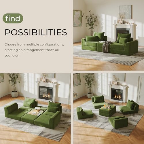 Modular loveseat with Ottoman, L-Shape Boneless Couch, Customizable Sectional Couch, Free Combination Design Sleeper Sofa, Sage Meadow