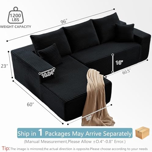 96" Cloud Sectional Couch with L-Shape Chaise, Modern Corduroy Boneless Couch for Living Room,Memory Foam Sofa with Deep Seat,No Assembly Required (Black,Left-Facing Chaise)