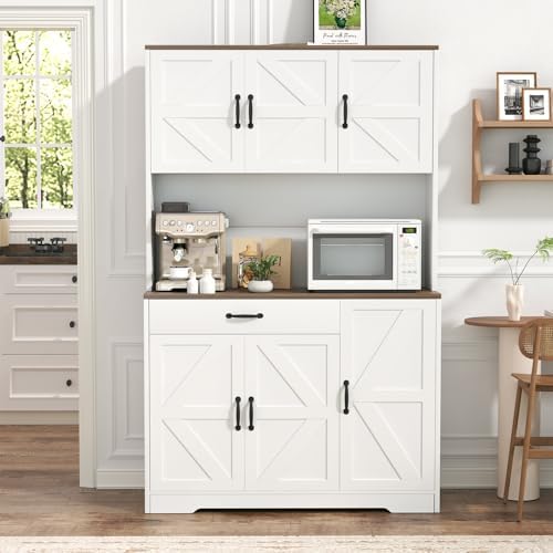 71" Pantry Cabinet with Charging Station, Large Capacity Kitchen Hutch Storage Cabinet, Kitchen Cabinet with Microwave Stand, Storage Drawers & Adjustable Shelves for Dining Room, White