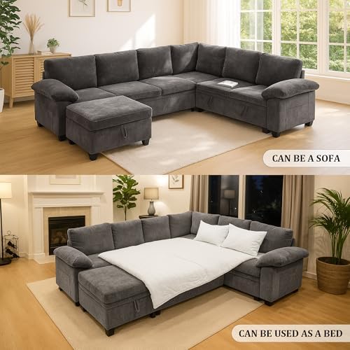 108 Inch Sectional Sleeper L Shaped Sofa with Pull Out Bed, 7 Seat Modular Sectional Sofa with Storage, Modern Chenille Cloud Couch, Sectional Couches for Living Room, Gray
