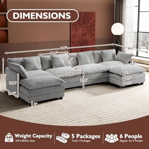 146" U-Shaped Modern Sofa Modular Sectional Cloud Couch with 2 Ottoman, 6-Seat Chenille Deep Seat Sofa with 6 Pillows for Living Room, Bedroom and Apartment, Grey