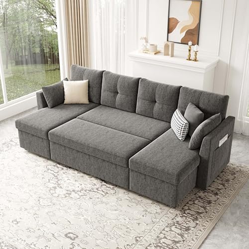 Oversized Sleeper Couch Sofa, 110 inch 2 in 1 Pull Out Couch with Double Storage Chaise, Sectional Sleeper Sofa Bed with Side Pocket for Living Room, Dark Grey