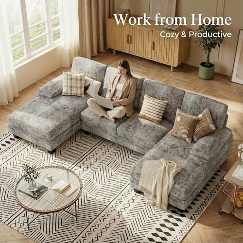 Homall Sectional U Shaped Sofa Couches for Living Room, Comfy Chenille 4 Seat Sofa Set with Removable Pillows, Lounge Chaise Upholstered Couch for for Apartment (Chenille, Grey)
