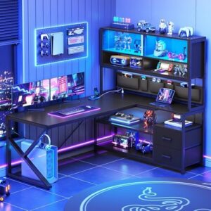 SEDETA L Shaped Gaming Desk, Home Office Computer Desk with 2 Drawer and Bookshelf, L Shaped Gaming Desk with LED Light, Glass Cabinet and Storage Bag, Corner Desk with Storage Shelves, Black