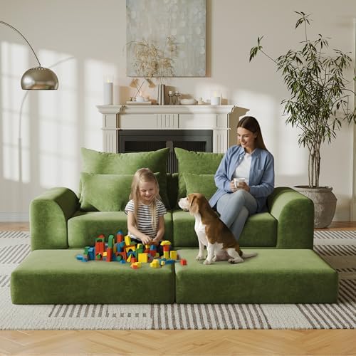 Modular loveseat with Ottoman, L-Shape Boneless Couch, Customizable Sectional Couch, Free Combination Design Sleeper Sofa, Sage Meadow