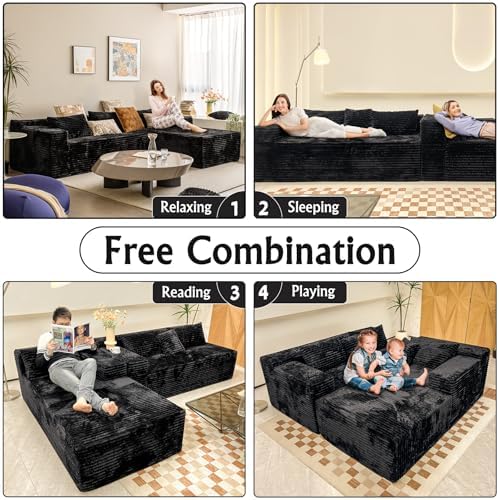 Black sectional couches for Living Room Corduroy Couch,104" Cloud Sectional Couch with L-Shape Chaise, Modern Modular Sofa, Deep Seat Comfort, No Assembly Required(Plush Corduroy Fabric)