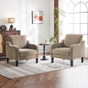 VINGLI Accent Chairs Set of 2 Living Room Chairs Light Brown Reading Chair for Bedroom Scooped Arm Chair Mid Century Modern Accent Chairs Upholstered Comfy Chair for Apartment, Waiting Room