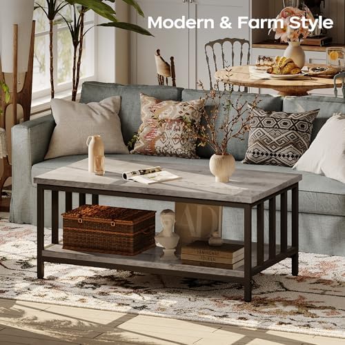 Homeiju Coffee Table for Living Room with Slatted Sides Frame, Modern Farmhouse Living Room Table with 2-Tier Storage Shelf for Home Office, Apartment, 39 inch Grey Wash