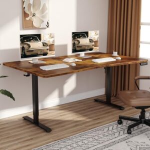 Veken 63 x 28 Inch Electric Standing Desk, Sit to Stand Up, Work Home Office Computer Table for Study, Walking Pad, Writing, and Games, Wooden Desktop Desks, Brown