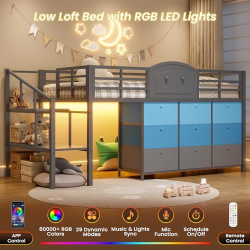VIAGDO Low Loft Bed Twin Size with 9 Storage Drawers and LED Lights, Metal Twin Loft Bed with Stairway Shelf Storage, Low Loft Bed with Safety Guardrail and Under-Bed Hideaway for Kids, Grey
