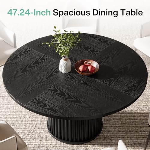 Tribesigns 47.24-Inch Black Round Dining Table for 4-6 People, Modern Fluted MDF + Metal Base Kitchen Table, Sturdy Circle Dining Room Furniture, Black