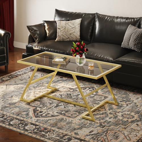 HOOBRO Coffee Table, Rectangular Gold Coffee Table, Modern Glass Center Table, 2-Tier Center Tea Tables with Metal Frame for Living Room, Home Office, Gold GD11KF01