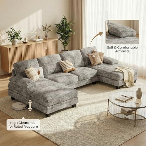 Homall Sectional U Shaped Sofa Couches for Living Room, Comfy Chenille 4 Seat Sofa Set with Removable Pillows, Lounge Chaise Upholstered Couch for for Apartment (Chenille, Grey)