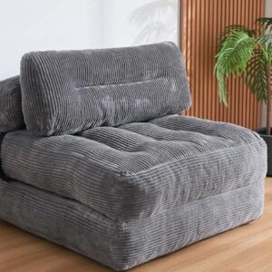 Folding Sofa Bed, Convertible Sleeper Chair Couch Bed Faux Rabbit Fur for Adults, with Back Support Floor Couch Comfy Floor Sofa for Living Room Bedroom, Dark Grey, Single