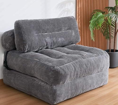 Folding Sofa Bed, Convertible Sleeper Chair Couch Bed Faux Rabbit Fur for Adults, with Back Support Floor Couch Comfy Floor Sofa for Living Room Bedroom, Dark Grey, Single