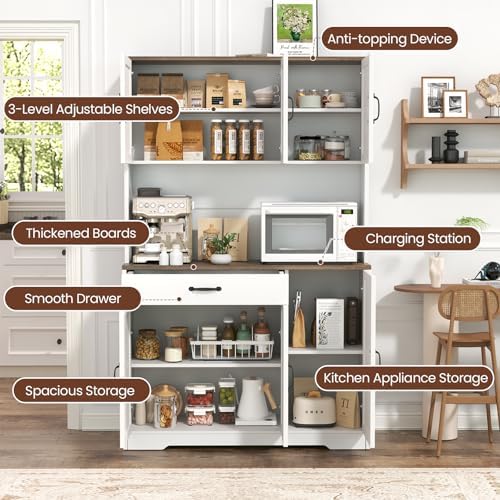 71" Pantry Cabinet with Charging Station, Large Capacity Kitchen Hutch Storage Cabinet, Kitchen Cabinet with Microwave Stand, Storage Drawers & Adjustable Shelves for Dining Room, White