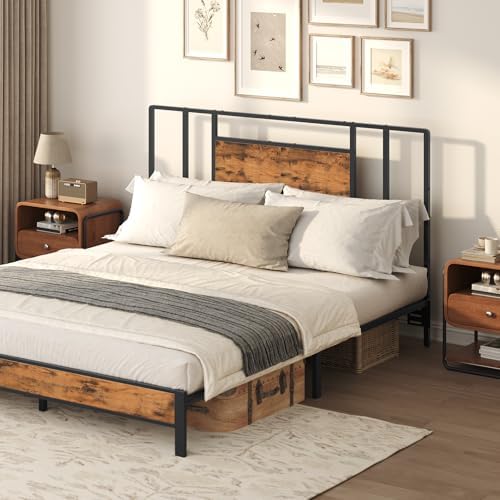 Queen Size Headboard Only, Industrial Farmhouse Metal Bed Headboard with Wooden Board and Bed Frame Adjustable Adapters for Bedroom, Black and Rustic Brown