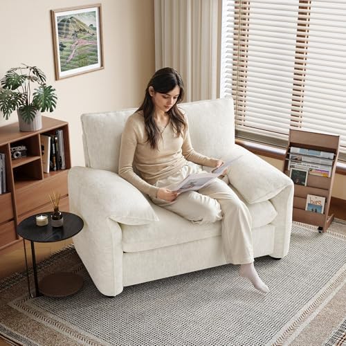 ONBRILL Oversized Accent Chair, 41 Inch Chenille Fabric Armchair, Comfy Single Sofa Chair with Padded Arms, Pocket Spring Cushion, Modern Reading Chair for Living Room, Bedroom, Beige