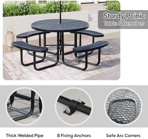 8-Person Picnic Tables for Outdoors, Industrial 46" Expanded Metal Round Picnic Table with 4 Benches & Umbrella Hole, Outside Table and Bench Set for Park, Garden, Backyard, Patio, Black