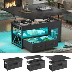 Itaar 40" Lift Top Coffee Table, 4 in 1 Coffee Tables with Storage Cabinet for Living Room, Small Farmhouse Coffee Table with 2 Fabric Drawers & LED Light for Dining Room, Black