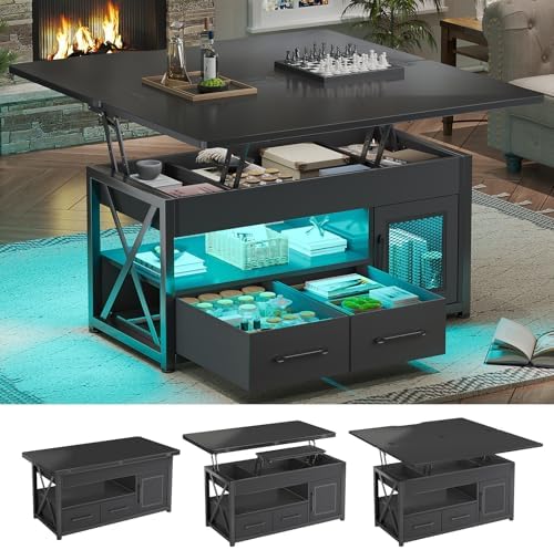 Itaar 40" Lift Top Coffee Table, 4 in 1 Coffee Tables with Storage Cabinet for Living Room, Small Farmhouse Coffee Table with 2 Fabric Drawers & LED Light for Dining Room, Black
