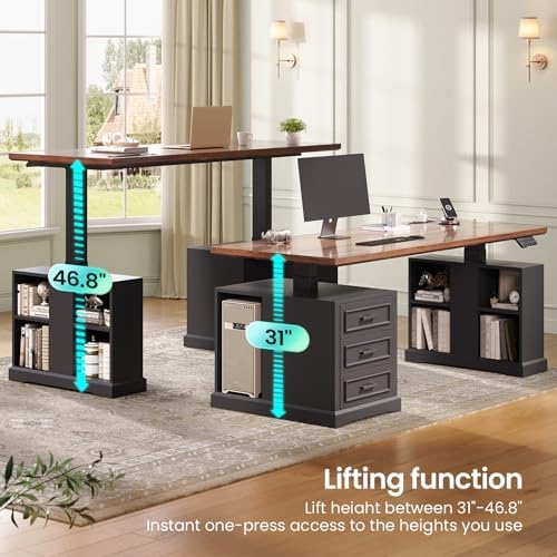 SEDETA Farmhouse Electric Standing Desk, 63" Height Adjustable Computer Desk with 3 Drawers, Storage Shelves, Power Outlets, Wood Home Office Stand up Desk for Work, Study, Writing, Black