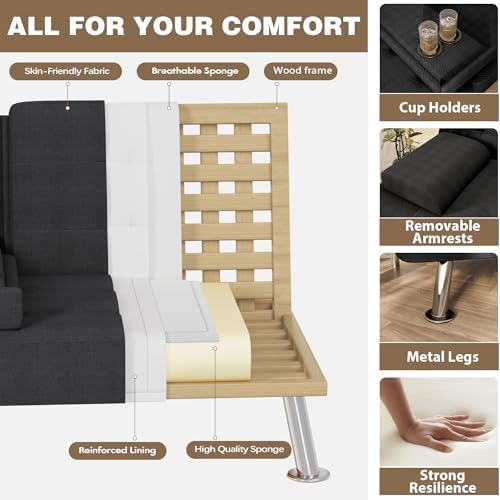 Homall Futon Sofa Bed, Futon Couch with Removable Armrests, Adjustable Recliner Sleeper Sofa Bed with Dual Cup Holders for Living Room, Apartment, Office (Fabric, Black)