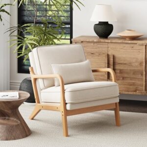 Mid-Century Accent Chair with Solid Wood Frame, Reading Relaxing Armchair Lumbar Pillow& Soft Cushion, Leisure Chair for Living Room, Bedroom, Waiting Room-Beige
