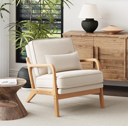 Mid-Century Accent Chair with Solid Wood Frame, Reading Relaxing Armchair Lumbar Pillow& Soft Cushion, Leisure Chair for Living Room, Bedroom, Waiting Room-Beige