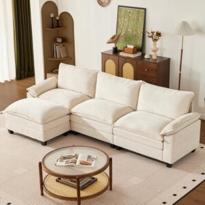 110.3 Inch Modular Couch Sectionals with Ottoman, Big Comfy Cloud Couches, L Shaped 4 Seat Modular Sectional Sofa, Modern Cloud Sectional Couches for Living Room, Deep Seat Sofa, Beige