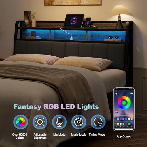 Queen Headboard Only with Storage, Upholstered Headboards for Queen Size Bed with LED Light, Charging Station, Height Adjustable, Sturdy and Stable Headboard, Black & Grey