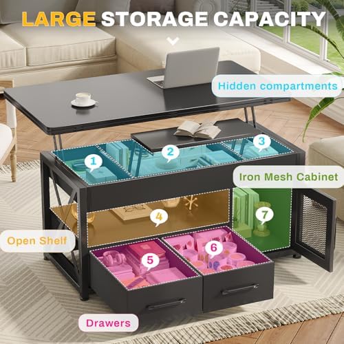 Itaar 40" Lift Top Coffee Table, 4 in 1 Coffee Tables with Storage Cabinet for Living Room, Small Farmhouse Coffee Table with 2 Fabric Drawers & LED Light for Dining Room, Black