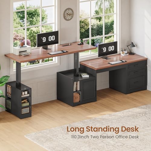 SEDETA Farmhouse L Shaped Electric Standing Desk, 63" x 67" Height Adjustable Home Office Executive Desk with Drawers and Shelves, Standing Computer Desks with Power Outlet for Home Office, Black