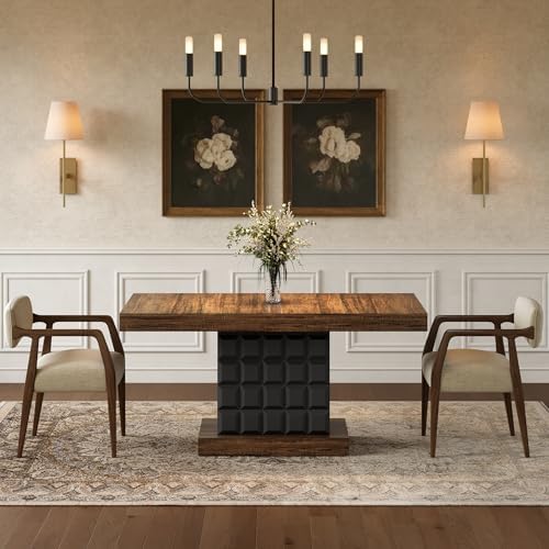 LITTLE TREE 63" Modern Dining Table, Rectangular Dinner Table for 4-6, Farmhouse Kitchen Table, Sturdy Wood Pedestal Base for Kitchen/Dining Room, Rustic Brown & Black