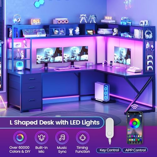 SEDETA L Shaped Gaming Desk with Storage Shelves and Hutch, Convertible 94.5" Computer Desk with Drawers, Corner Computer Desk with Power Outlet, LED Lights, Pegboard for Home Office, Black