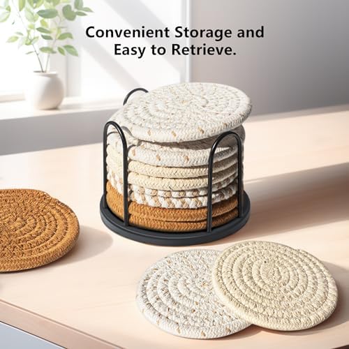 Coasters Set of 8 for Drinks, Beer, Coffee, Cotton Woven 4 Colors Absorbent Coaster with Holder, Boho Coasters for Home Decor Tabletop Protection Suitable for Kinds of Cups, Coffee